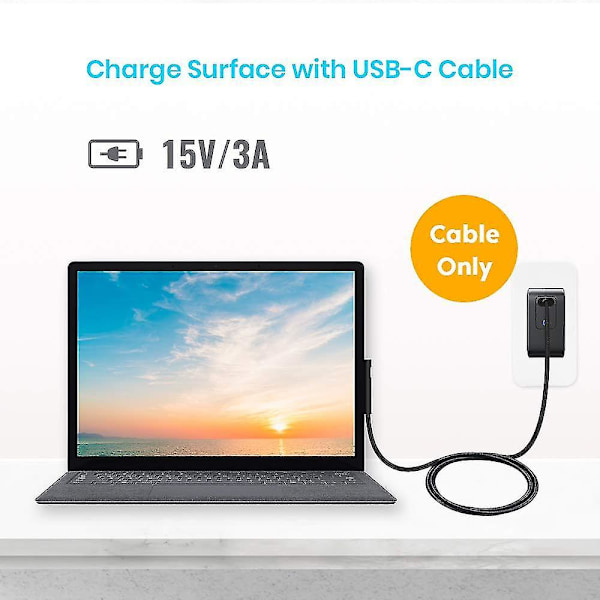 Nylonflettet Surface Connect til USB-C ladekabel Pd 15v for