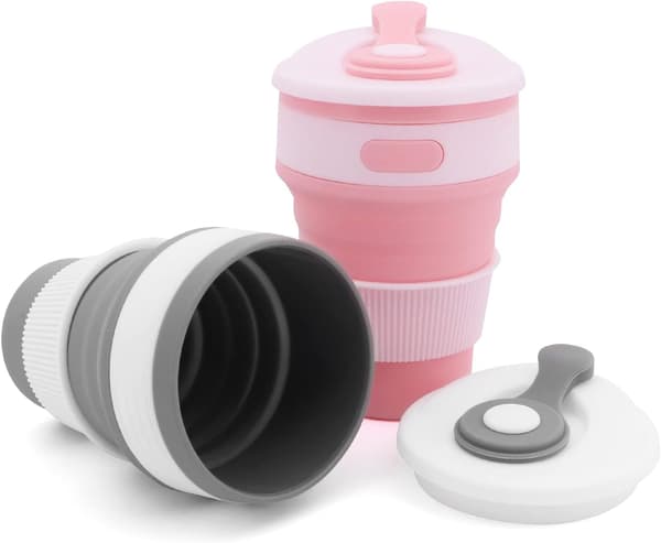 Sammenklappelig Silikon Rejsemug (Pink+Grå), 2 stk Sammenklappelige Col