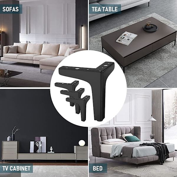 4 stk møbelfødder sort metal, belastbar op til 800 kg, 17 cm tv lowboard møbelfødder, skabfødder til skab, tv-skabe, skuffer, sengebord t