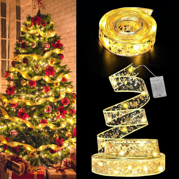 32 fot Julband med Ljus, 100 LED Ljus Guld Band för Julgran Tråd Dubbellager Nät, Utomhus