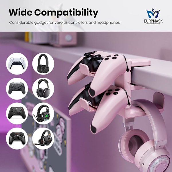 3-i-1 PC-spelheadset & Controllerhållare - Hörlursställ med justerbar klämma & 2 Controllerhållare & Rotationsarm & Kabel