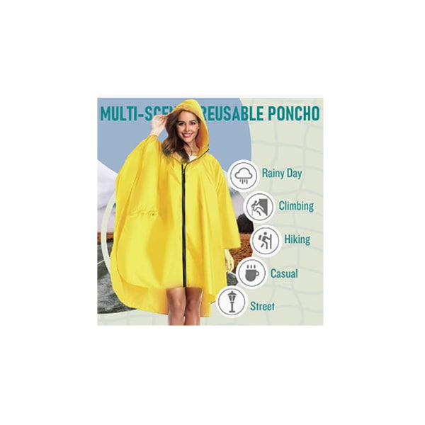 Regnfrakke Poncho med lynlås hætte til voksne, gul
