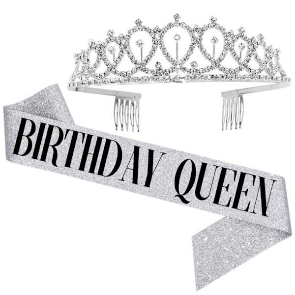Födelsedagsetikett Sash Crown Set (Silver), Glittrande Födelsedag