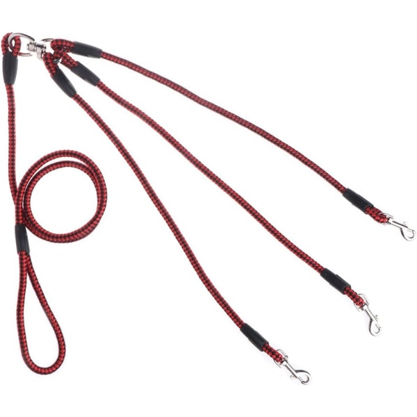 1 stk (rødt) Trippelbånd med mykt nylonhåndtak for tur med 3 hunder