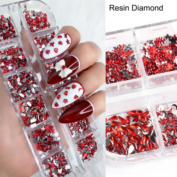 One Set (röd) Nail Art Smycken 12 Grids Fancy Heart Star Resin