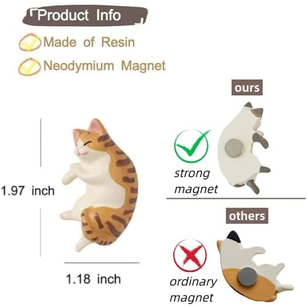 Katt Kjøleskap Magneter, 6 Liggende Katt Kjøleskap Magneter Søte, Mini Kawaii Dekorative Magnet for Hjem Kjøkken med Sterk Magnetisk, Morsomme/Nyhet Chubby Kitten Kjøleskap Magneter