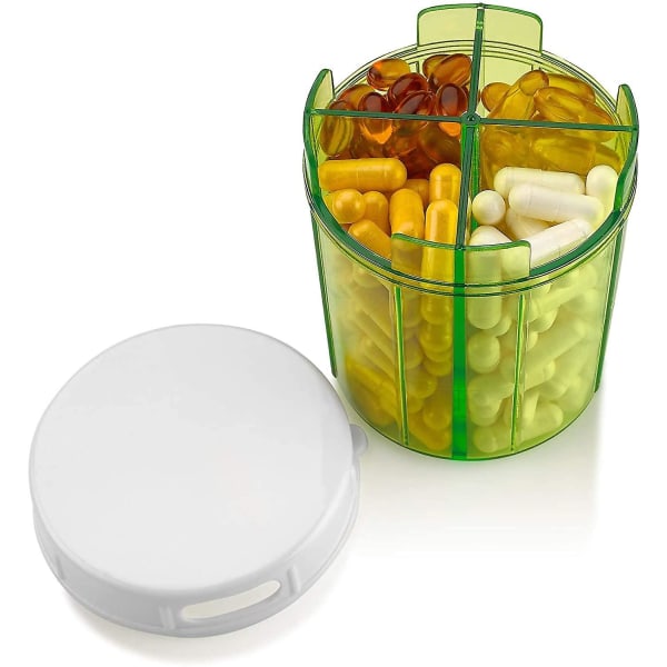 Dispenser pillerburk med 4 fack, burk för mediciner, vitaminer och kosttillskott, rund flaska formad pillerorganisatör