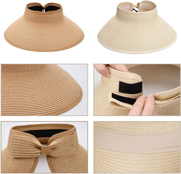 Foldbare solhatte af strå til kvinder, solbeskyttelse bredskygget solhatte justerbar topless strandhat, khaki+beige