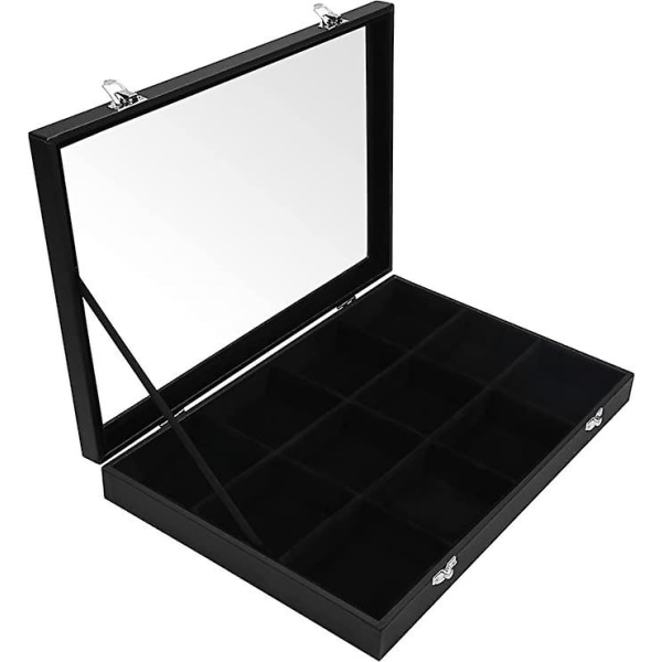 Black Velvet Jewelery Organizer with 12 Sections & Glass Lid - Felt Jewelery Tray with Adjustable Compartments - Earring, Ring, Necklace & Bracelet St