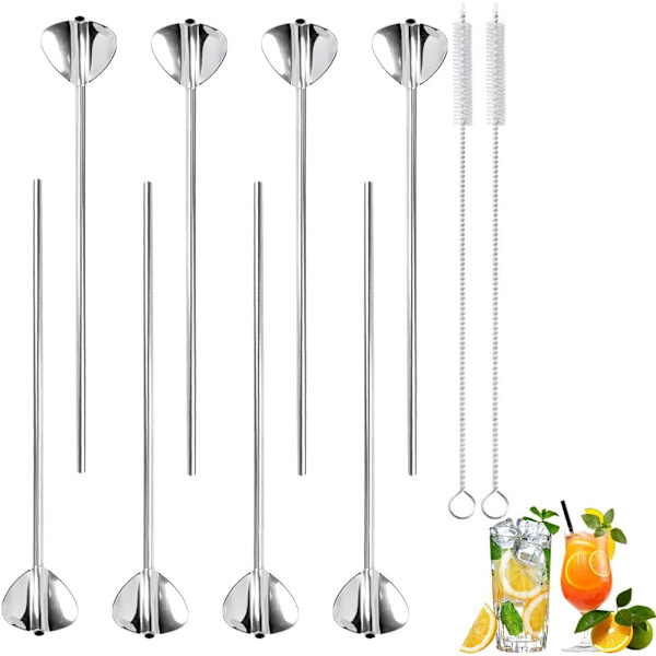 8 Genanvendelige Rustfrie Stålstrå, Hjerteformede Cocktail S