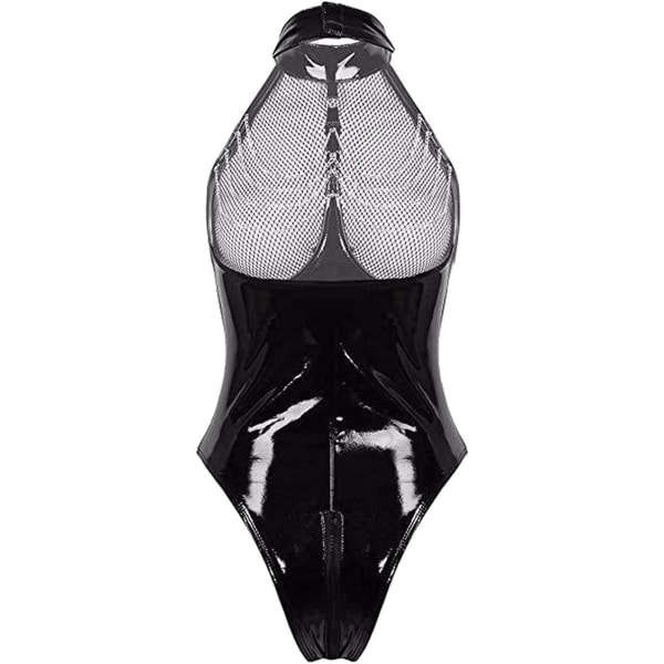 1 stk (Sort) Kvinders Laklæder Fiskenet Bryst Lynlås Bodysuit