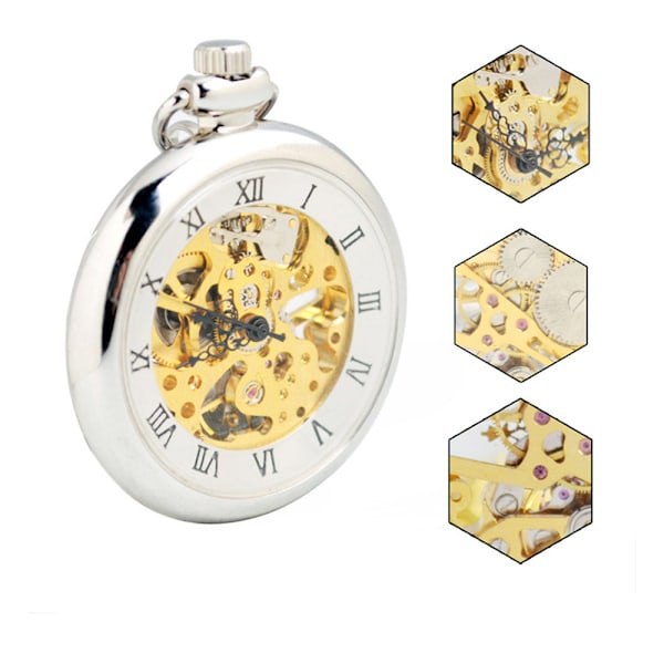 Klassisk Steampunk Fickur för Män Guld Skelett Handvev