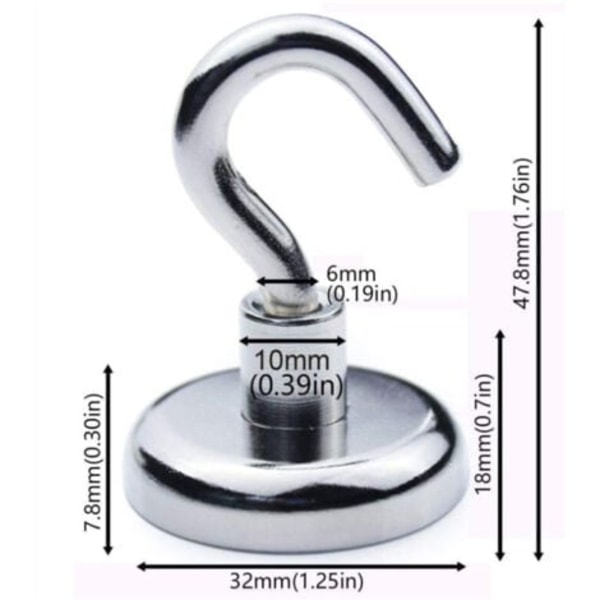 Seks magnetiske kroker - 32 mm - Neodym magnetiske kroker - Holder 35 kg