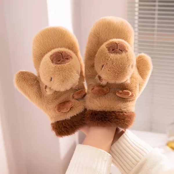 1 Par Söta Varma Kort Capybara Plyschhandskar