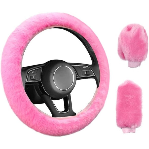 3 Pieces Car Steering Wheel Cover Anti-Slip Elastic Universal Pink Plush Car Steering Wheel Cover with Handbrake and Gearbox Cover (36-38cm)