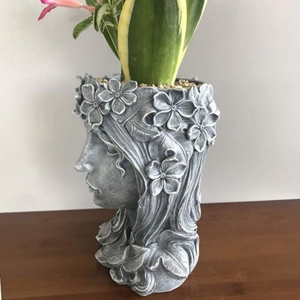 Grå flicka suckulent växtkruka resin kvinna staty planter resin