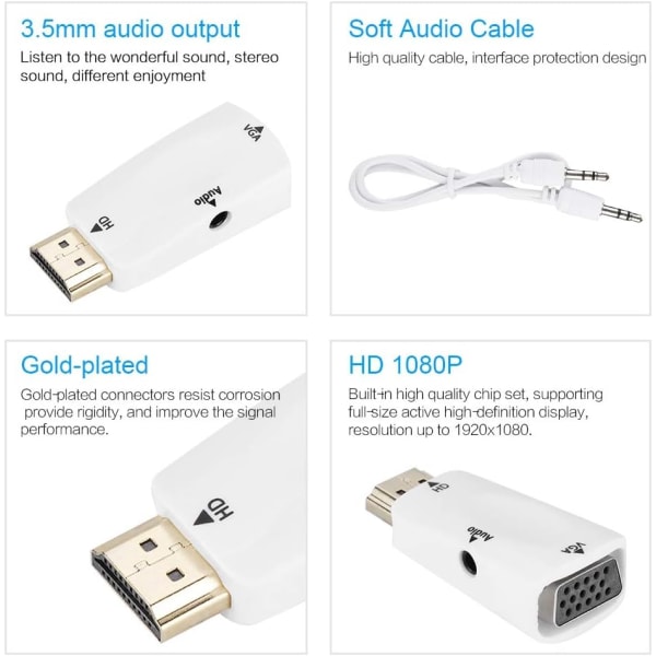 1 stk HD 1080p HDMI hunn til VGA hunn adapter med 3,5 mm lyd