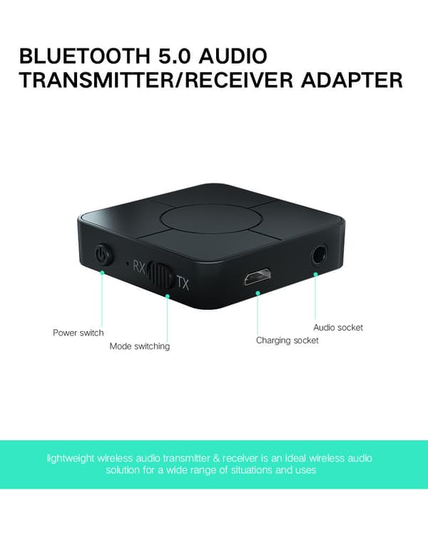 1 stk Bluetooth 5.0 mottaker sender 2-i-1 trådløs lyd