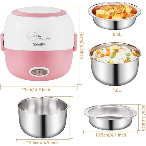 Mini Risgrynkokare Uppvärmning Bärbar - 110V 200W Avtagbar Rostfritt Stål Lunchkokare - med Skål, Tallrik, Mätkopp