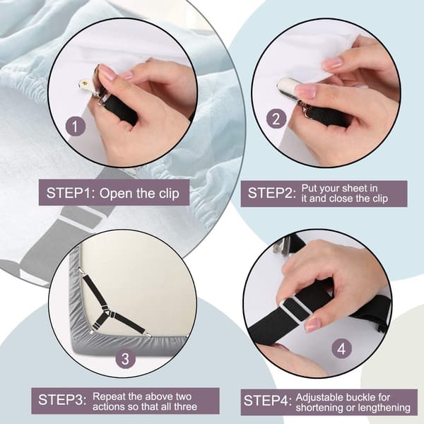 Sorte 4 stk. Sengelinneclips, Justerbar Elastisk Trekant
