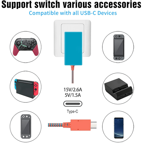 Kompatibel med hurtiglader for Nintendo Switch OLED, AC-adapter med dobbel spenning 39W 15V 2,6A strøm for