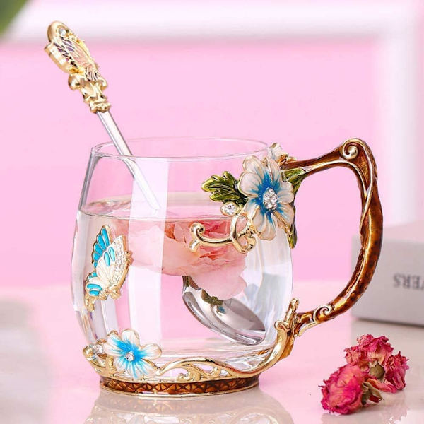 1 stk (blå) Håndlavet Emalleret Sommerfugl Blomst Glas Kaffe Kande Te