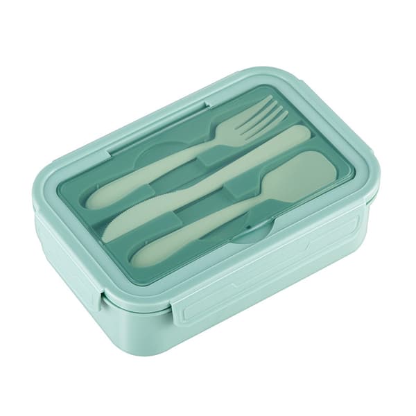 Bento lunsjboks, beholder med 3 rom, bestikk,