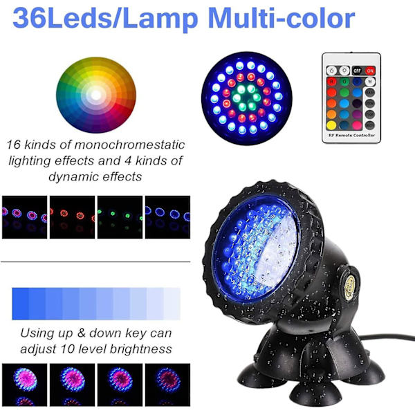 Lammikkovalot Uima-allasvalot Puutarhavalot 4kpl 36Led 12W RGB Vedenalainen Valo RF Kaukosäätimellä Terässeinälle Maanpäällinen Uima-allas - IP68 Vedenpitävä 7