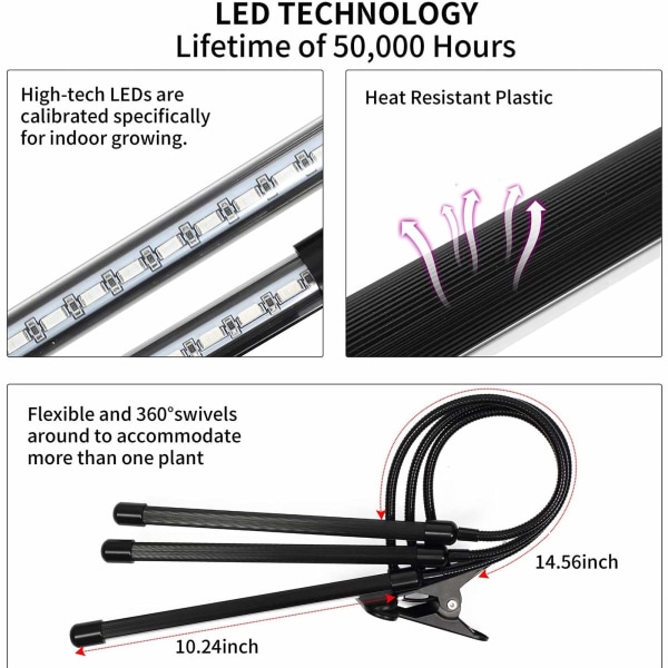 Tre-hovedet plantevækstlys til stueplanter med fuldspektrum plantepære med justerbar svanehals
