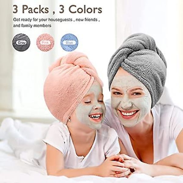 3-pack (grå, rosa, blå) mikrofiberhårhandduk, superabsorberande twistturban, snabb torkning, hårturban med knappar, badögla, fäst salong, torrt hår