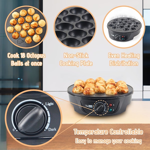 Takoyaki Maker Pan med Temperaturkontroll, Verktyg och Recept, Gör 18 Japanska Bläckfiskbollar på en gång, Lätt att Använda