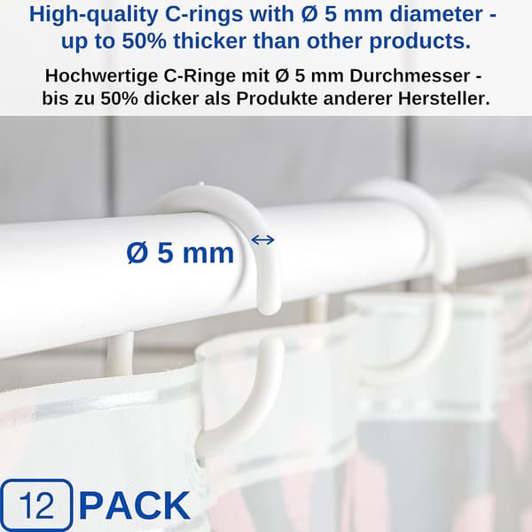 Vita duschdraperiringar, 12-pack, diameter 4,6 x 2,9 cm