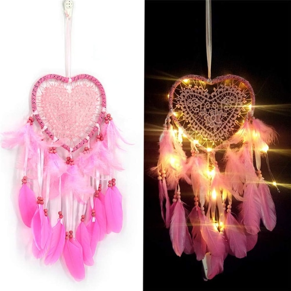 Drömfångare (20*45cm, Rosa, Ljus), Boho Stil LED Ljus Handgjord
