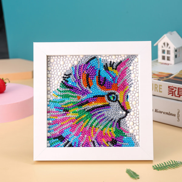 En kattmönster barns diamond painting med ram, handgjord