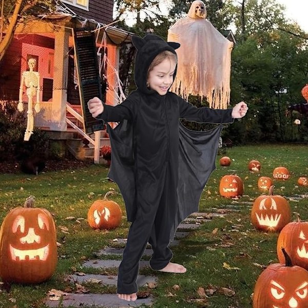 Barnedrakt for Halloween - Flaggermuskostyme for gutter og jenter, hettegenser med vinger for Halloween-triks eller godteri, passer