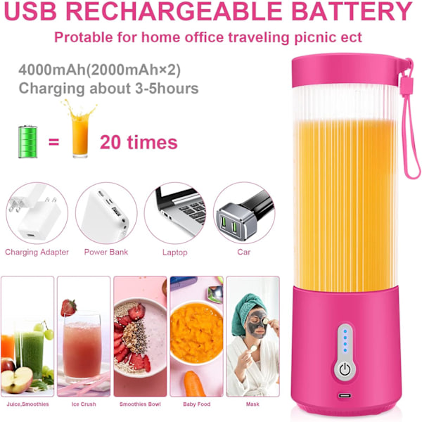 Bärbar Blender, 15.2Oz USB Laddningsbar Blender för Shakes och Smoothies med 6 Blads Juicerkopp, BPA-Fri Plast