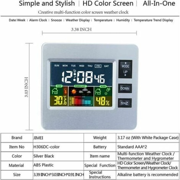 Langaton digitaalinen sääasema värillisellä LCD-näytöllä sääennusteella sisäanturilla, lämpötilalla ja kosteudella