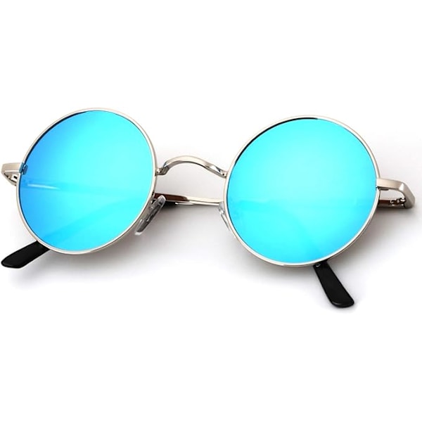 Runda Polariserande Solglasögon för Män Kvinnor Små Retro Metall John Lennon Stil (Silverfärgad Ram Blå Linser)