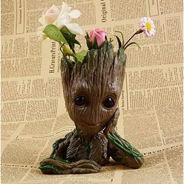 Baby Groot Pennaställ Trädman Pennahållare eller Blomkruka med Dräneringshål Perfekt för Små Sukkulenter Växter 6\" (Gråbrun)