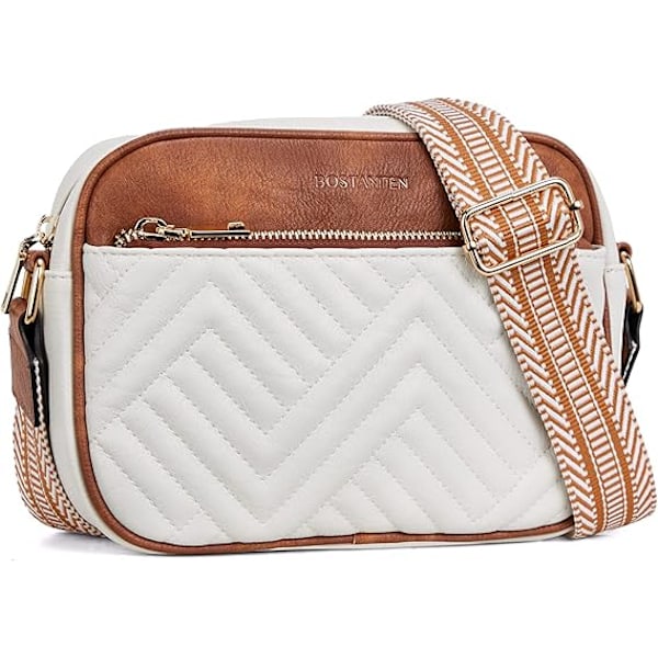 Damer Quiltad Crossbody Väska i Konstläder, Liten Axelväska med Bred Rem (Vit Brun)