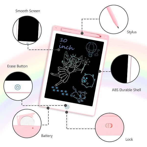 (Pink)Värikäs LCD-kirjoitustaulu, 10 tuuman lasten piirustustaulu taikasauvalla, kannettava taulu paperittomaan kirjoittamiseen ja piirtämiseen, lapsille ja aikuisille