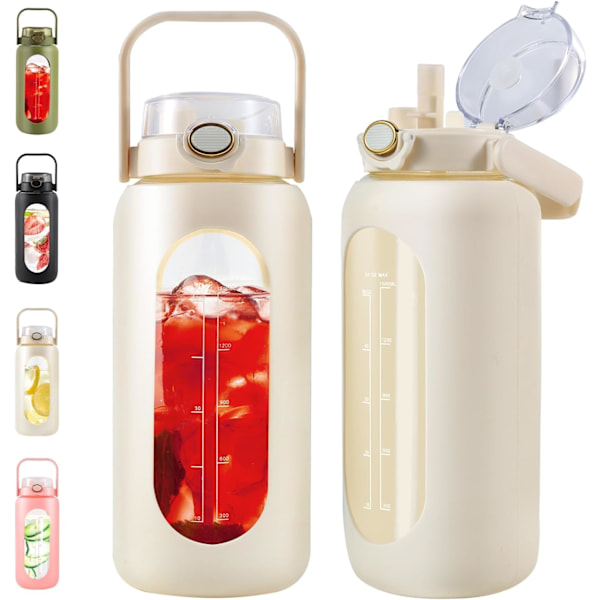 2 Liters Glas Vandflaske med Strå og Håndtag - 64oz Motiverende Vandkande med Tidsmarkering og Silikonhylster