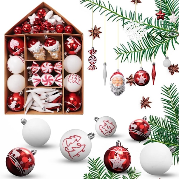 Set med 70 julekuler, juletrepynt, plastballer, hengende julepynt, dekorasjoner