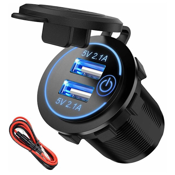 USB-billader for bil, dobbel USB-kontakt 4,8A 12V - Vanntett 5V/2