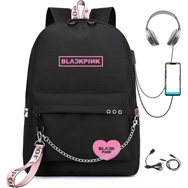 Kpop-ryggsäck Lisa Rose Jisoo Jennie Shouler-väska Messenger-väska Fashion Usb-laddningsryggsäck (svart 2)