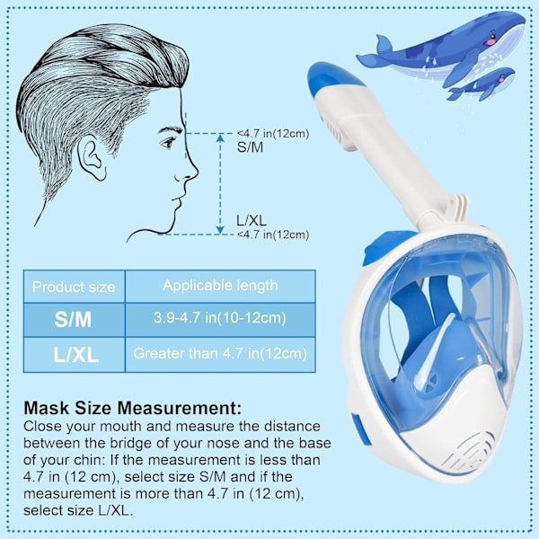 1 stk (Bao blå) Snorkelmaske, fuld ansigts snorkelmaske med