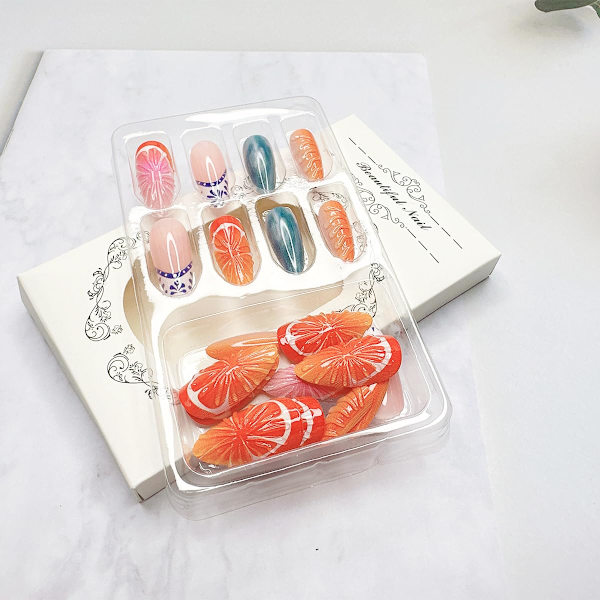 24 stk Mandel Press-on Negl Medium Sommer Frukt Falske Negl med Design Fransk Spiss Falske Negl Orange Lim på Negl