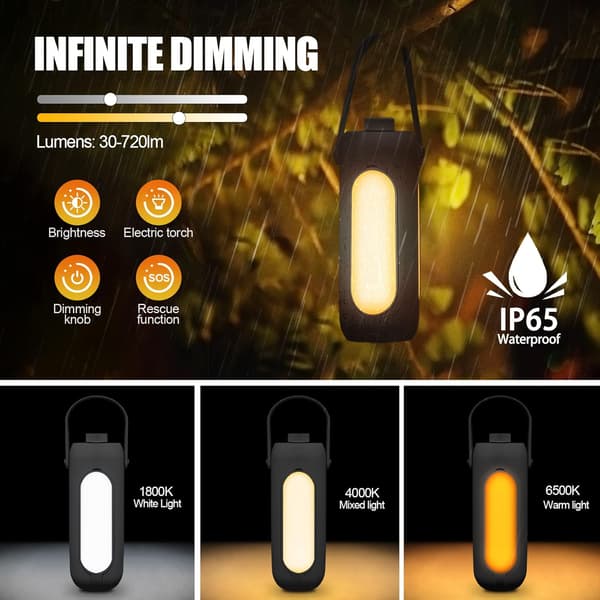 1 sort genopladelig campinglampe med 3 dæmpbare lystilstande