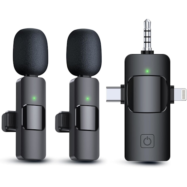 3 i 1 Trådløse Lavalier-mikrofoner til iPhone, iPad, Android, Kamera, USB-C Mikrofon, 7-timers Batteri, Mini Mikrofon