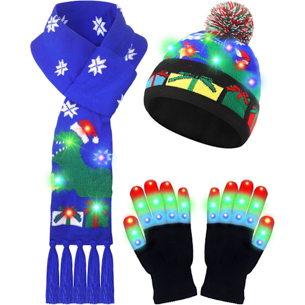 3-delt LED-lysende julehatt, skjerf og hansker sett - Julehatt, beanie, strikkehette for julefest